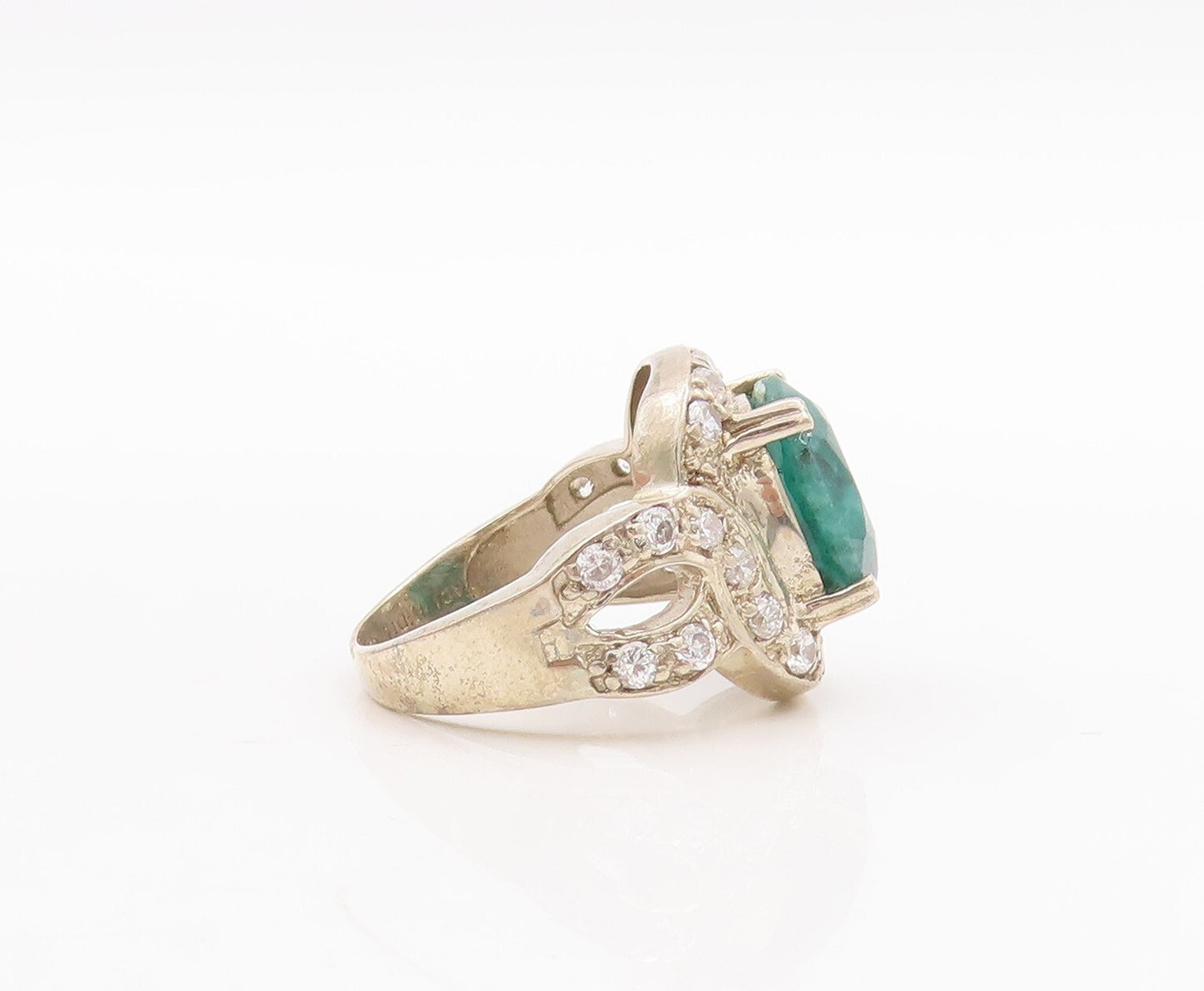 925 Sterling Silver Vintage Ring Square Green Gemstone Topaz Inlay Sz 8  RG29298