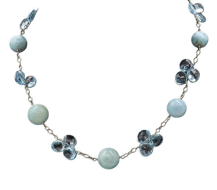 925 Sterling Silver  Vintage Larimar & Blue Topaz Chain Necklace  NE3425