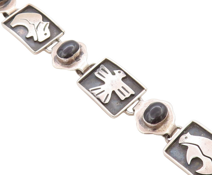 925 Sterling Silver Vintage Bracelet MEXICO Onyx Animals Motif Design  BT11364