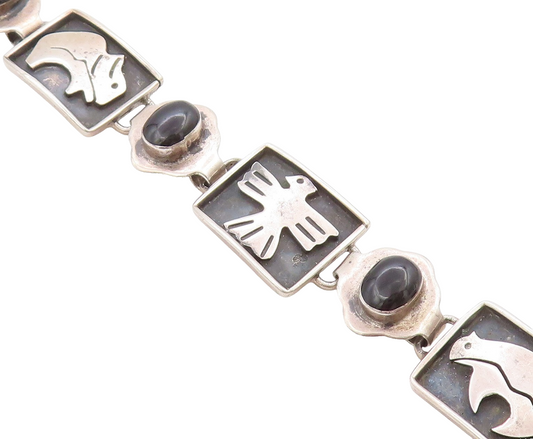 925 Sterling Silver Vintage Bracelet MEXICO Onyx Animals Motif Design  BT11364