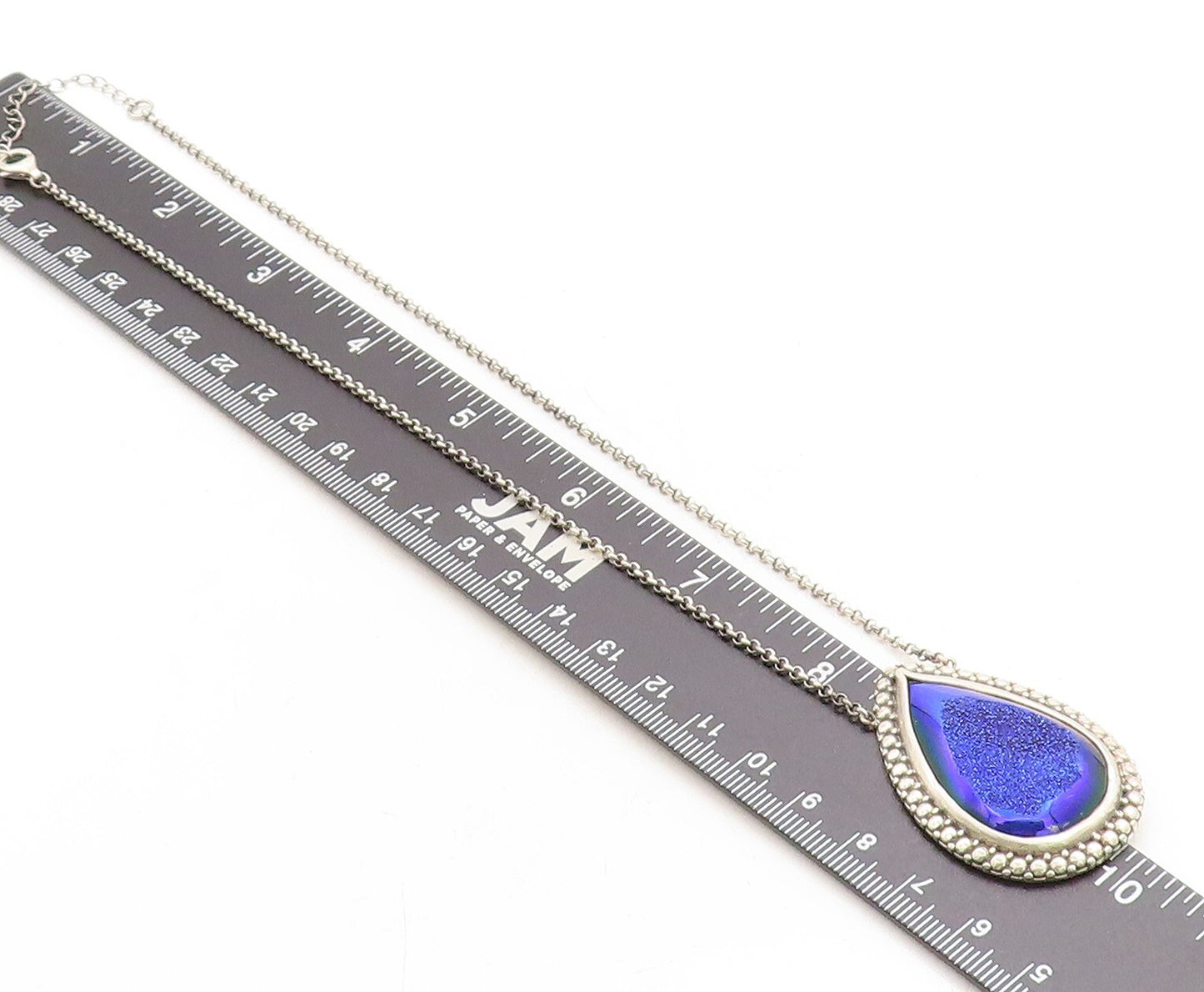 BERIA 925 Silver  Vintage Pear Shape Blue Druzy Stone Chain Necklace  NE1384