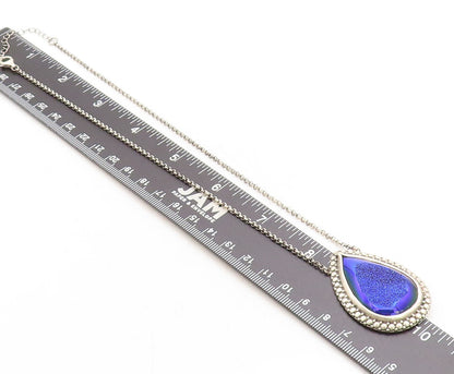 BERIA 925 Silver  Vintage Pear Shape Blue Druzy Stone Chain Necklace  NE1384