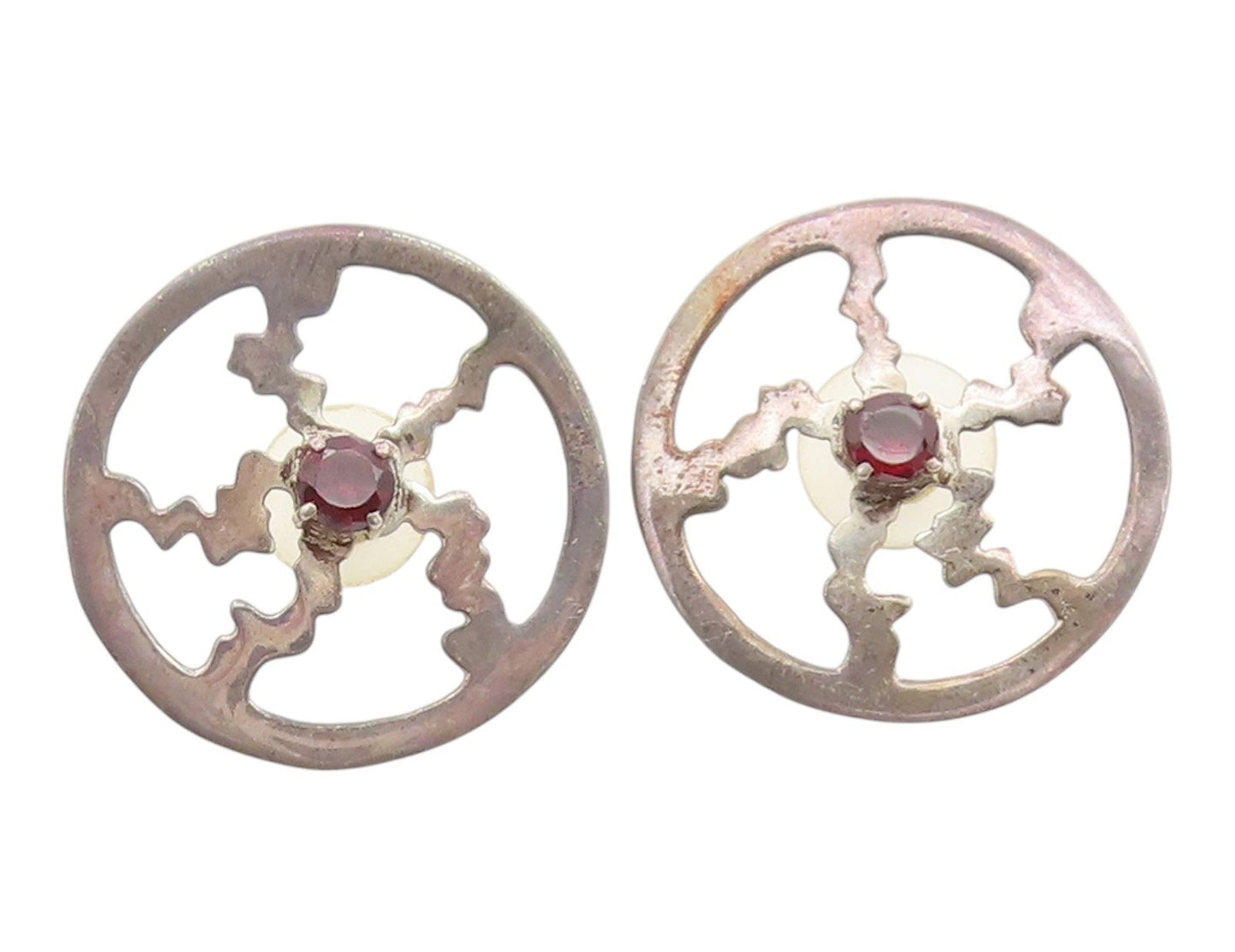 925 Sterling Silver Vintage Earrings Garnet Geometric Sunburst Wheel  EG14352