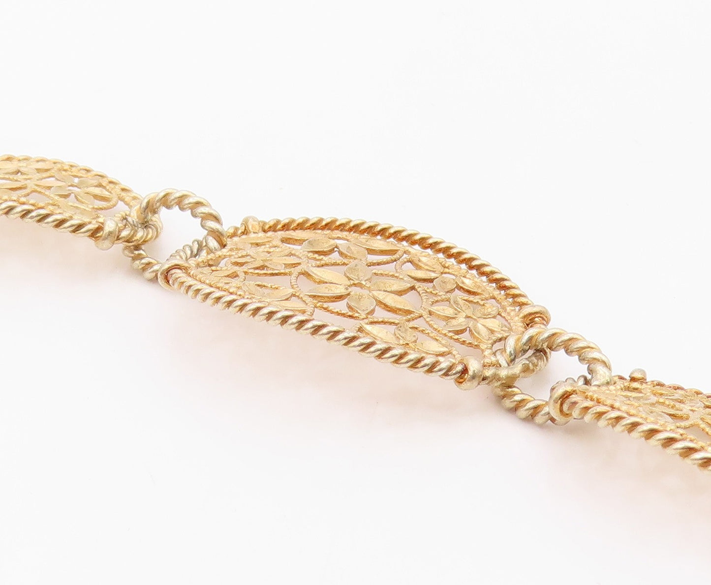 925 Sterling Silver Vintage Bracelet Gold Plated Intricate Floral Link  BT12124