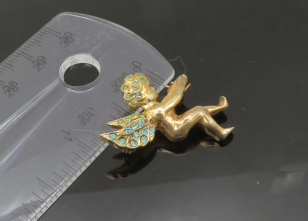 925 Sterling Silver  Vintage Blue Topaz Baby Angel Shiny Brooch Pin  BP8477