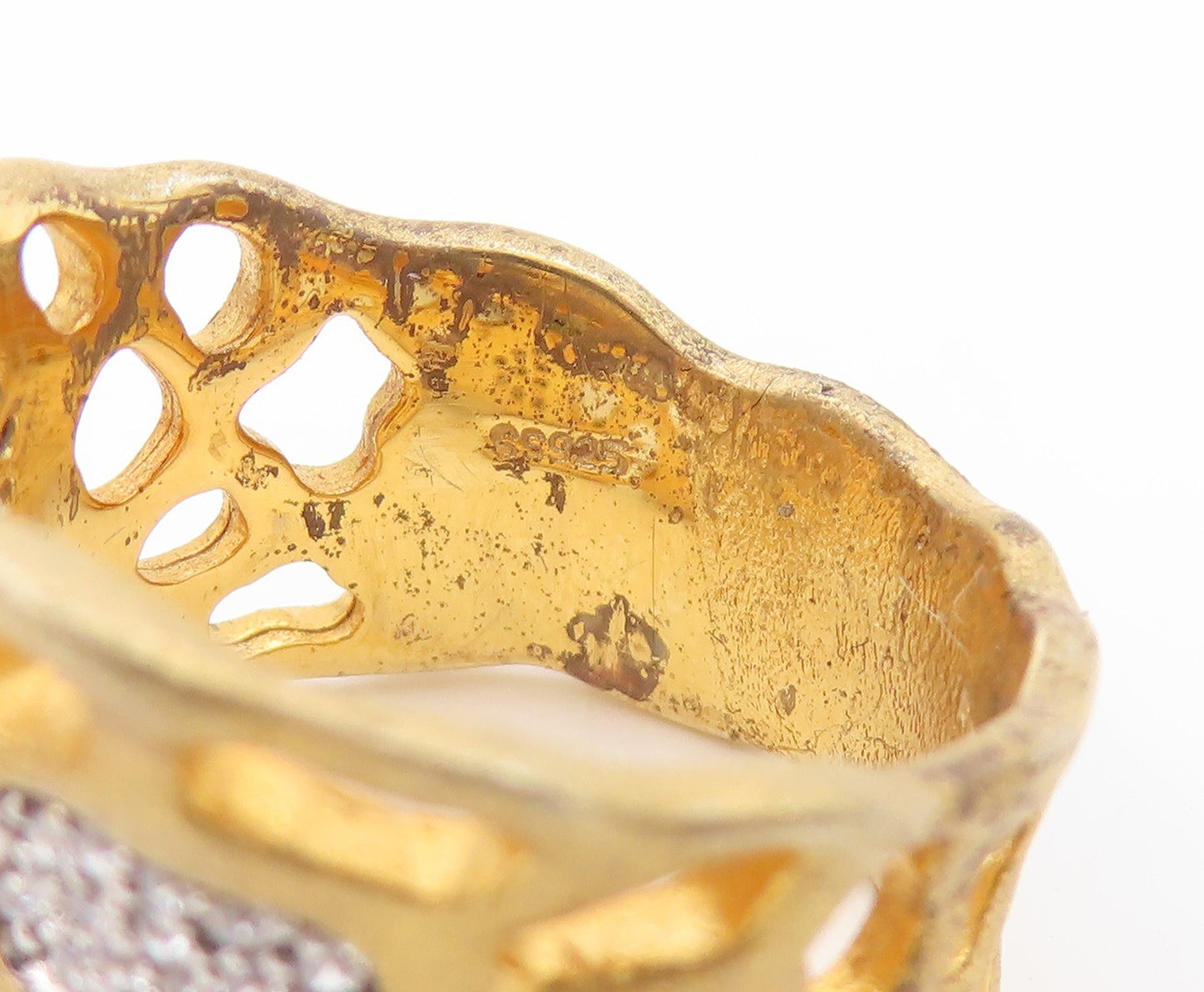 925 Sterling Silver Vintage Ring Gold Plated CZ Open Work Band  Sz 7  RG33721