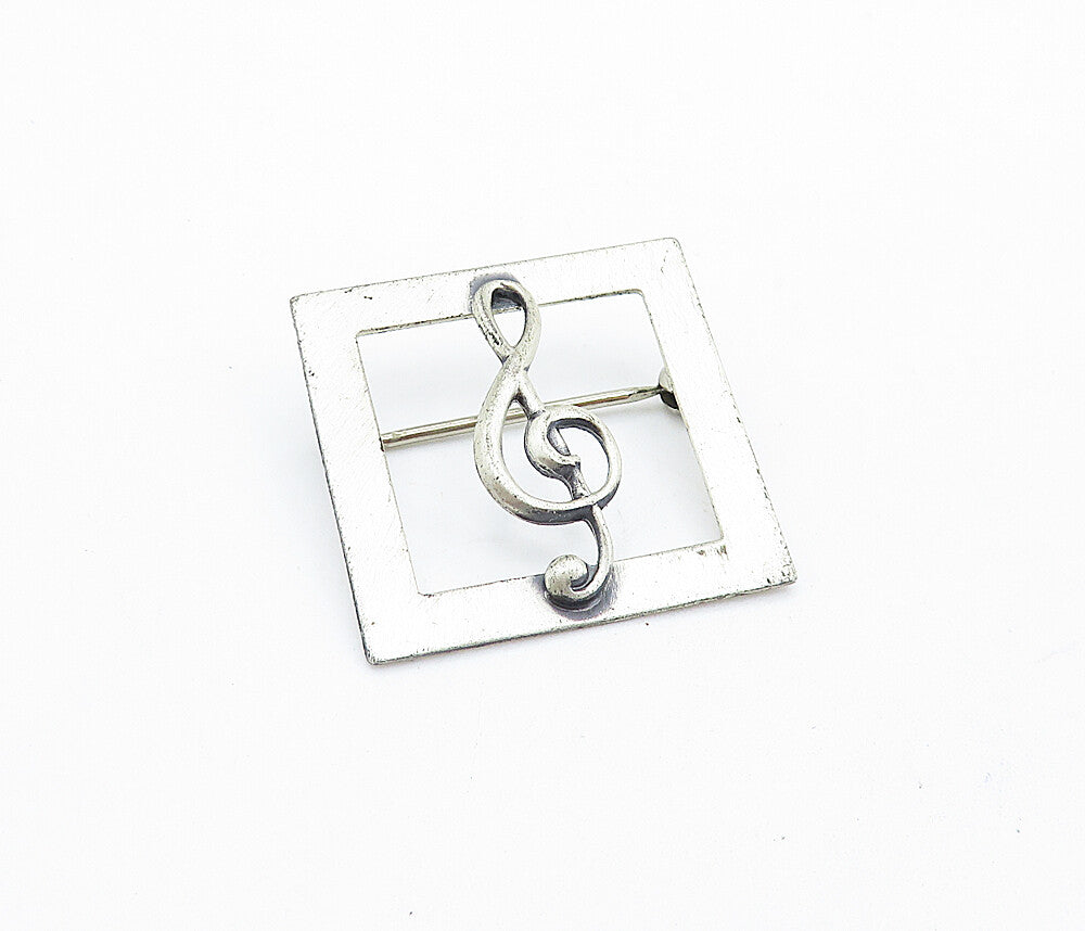 BEAU 925 Sterling Silver  Vintage Treble Clef Music Square Brooch Pin  BP2173