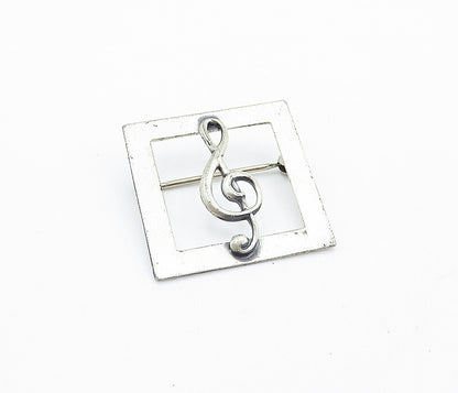 BEAU 925 Sterling Silver  Vintage Treble Clef Music Square Brooch Pin  BP2173