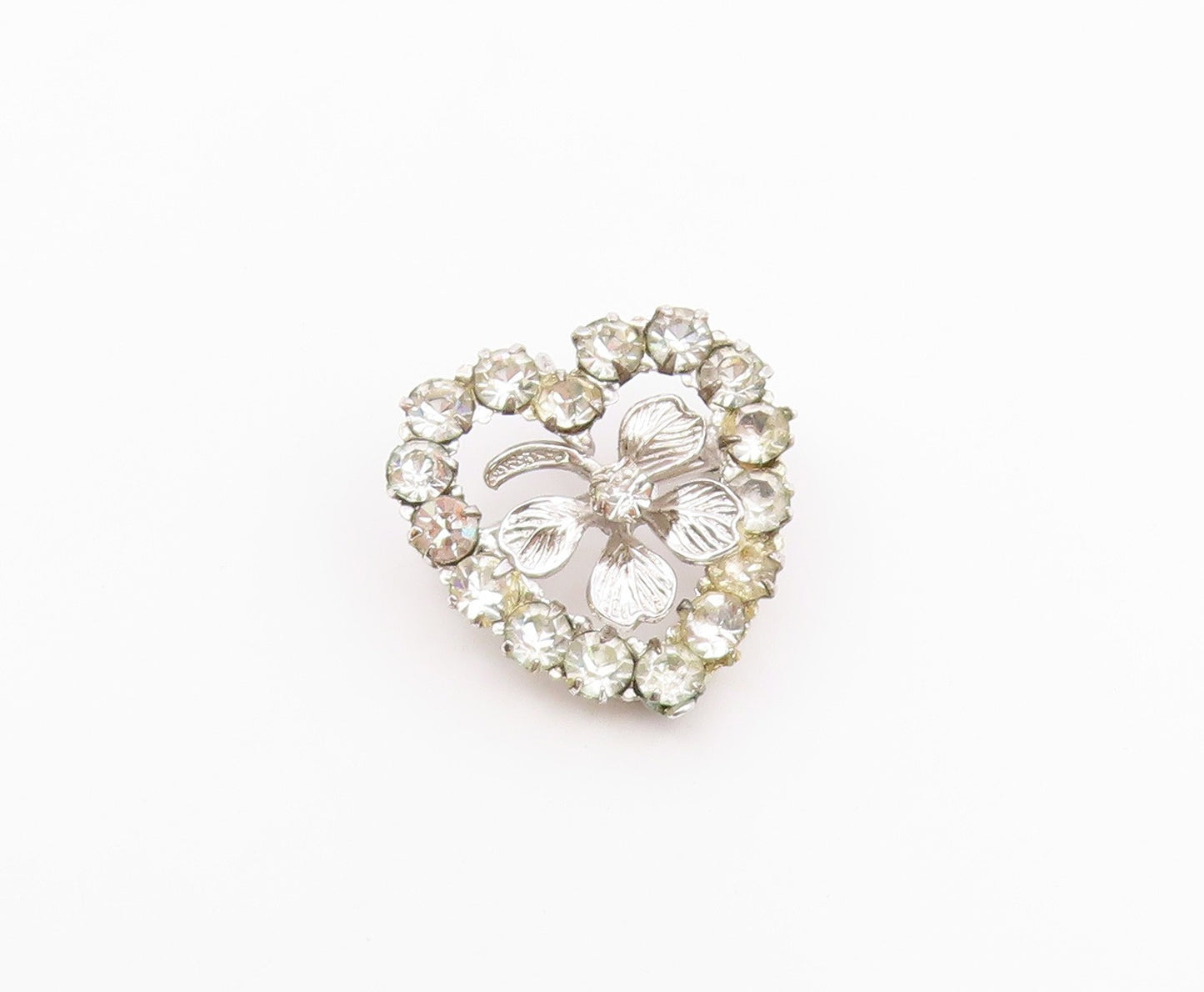 CARL ART 925 Silver  Vintage Cubic Zirconia Clover Heart Brooch Pin  BP7980