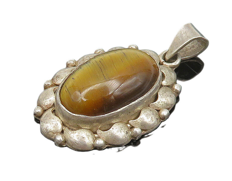 925 Sterling Silver  Vintage Cabochon Cut Tiger's Eye Oval Pendant  PT14371