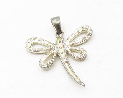 925 Sterling Silver Vintage White Topaz Dragonfly Motif Drop Pendant PT9850