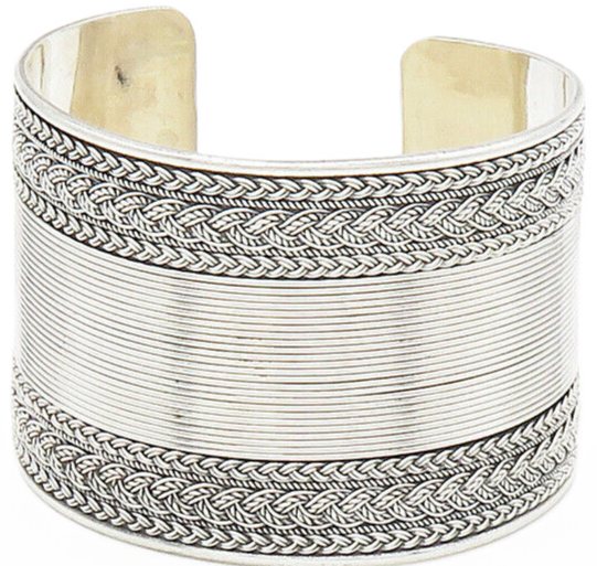 925 Sterling Silver  Vintage Shiny Braided Wheat Wide Cuff Bracelet  BT6448