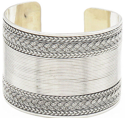 925 Sterling Silver  Vintage Shiny Braided Wheat Wide Cuff Bracelet  BT6448