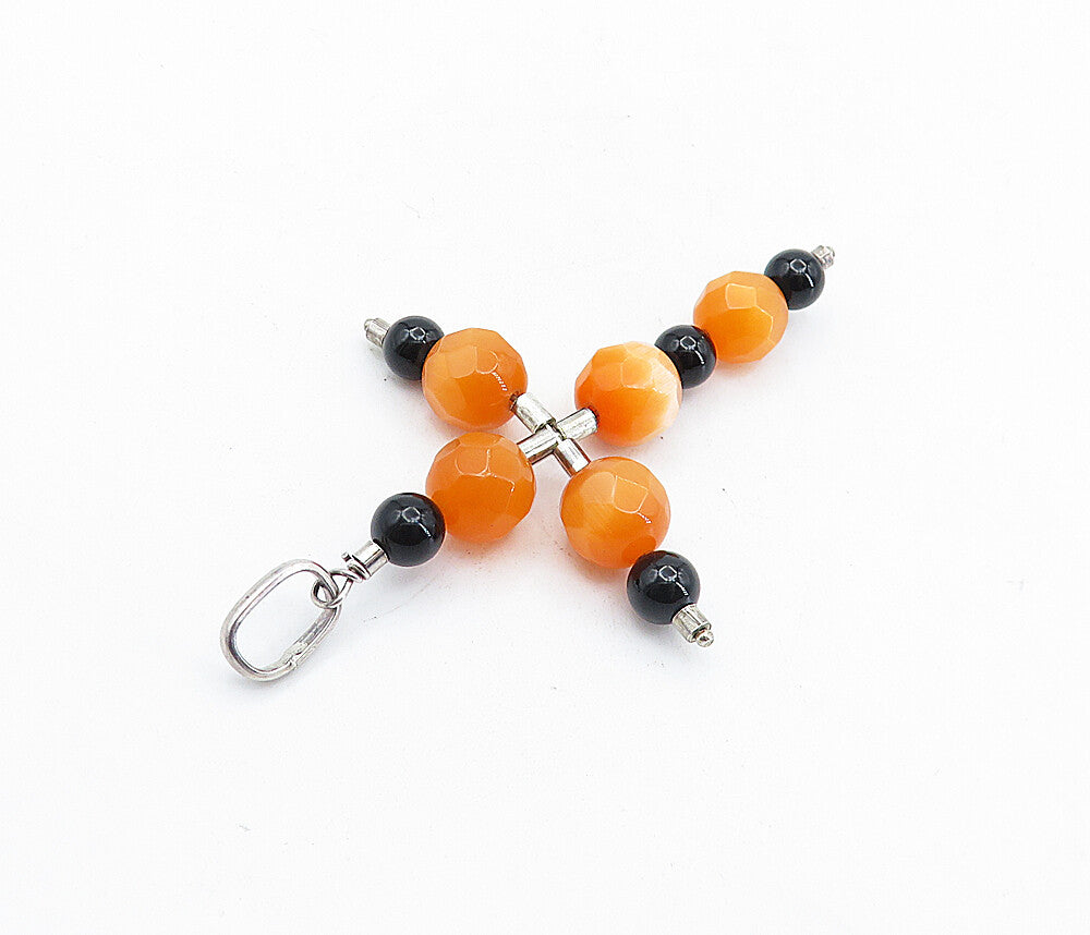 925 Sterling Silver  Black Onyx & Orange Cat's Eye Beaded Cross Pendant PT4643