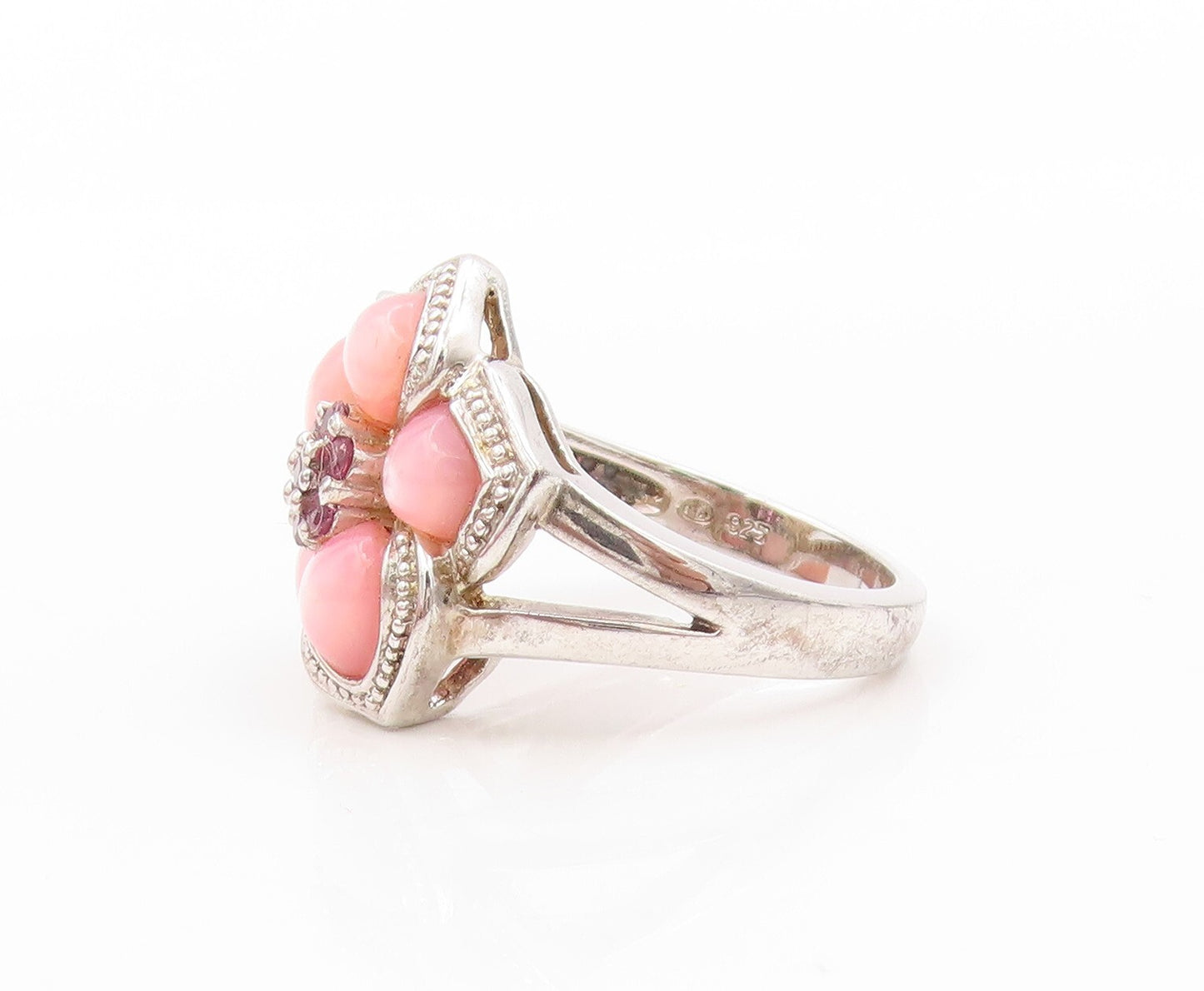 925 Sterling Silver Vintage Ring Designer Pink Cat Eye & CZ Flower SZ 8  RG31991