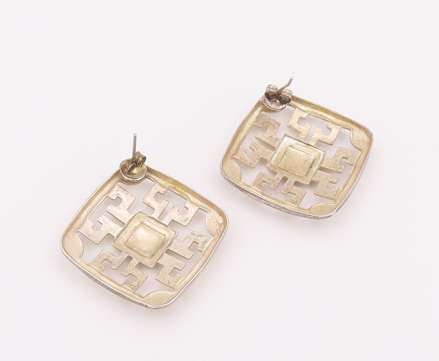 925 Sterling Silver Vintage Earrings Symmetrical Square Cutout Maze  EG12920