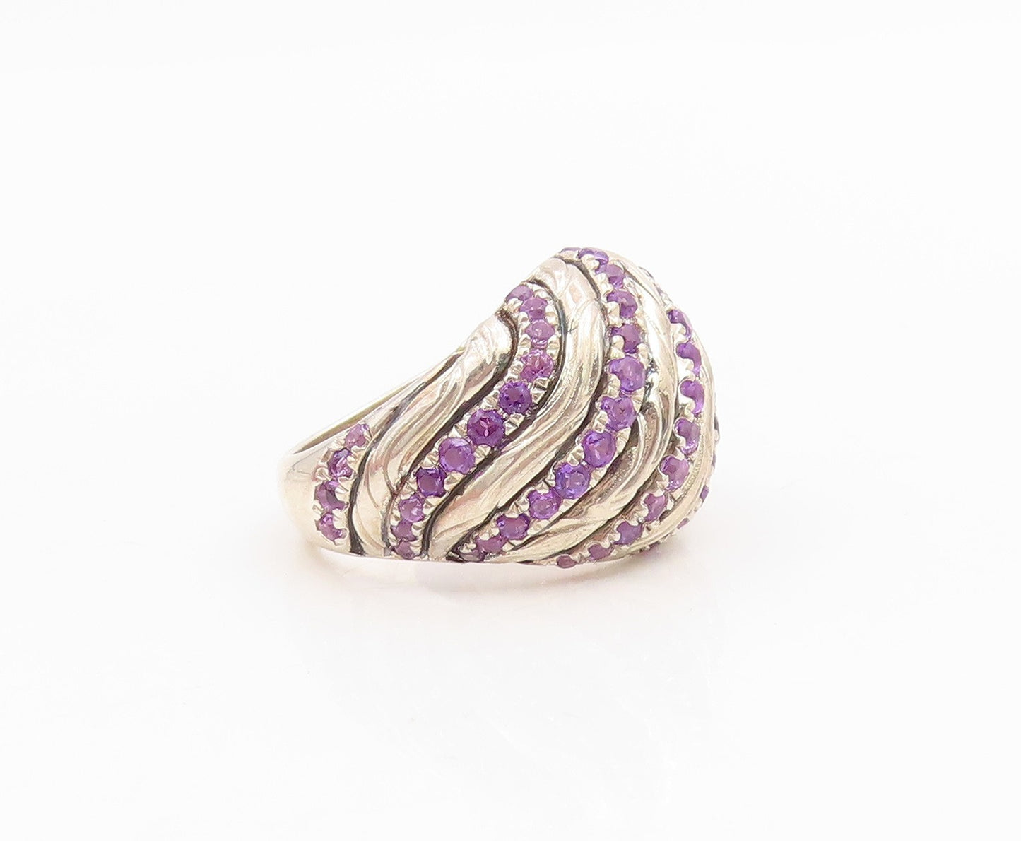 925 Sterling Silver Vintage Ring Modernist Amethyst Wavy Dome Band Sz 7 RG34979
