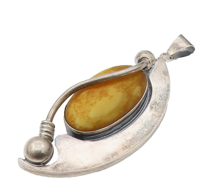 925 Sterling Silver Vintage Large Half Moon Honey Yellow Agate Pendant PT22167