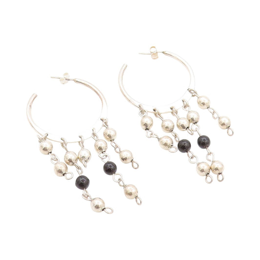 925 Sterling Silver Vintage Earrings MEXICO Dangling Beads & Onyx Hoops  EG13576