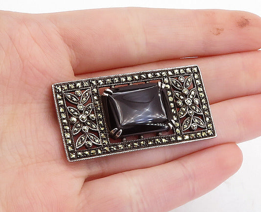 925 Silver  Vintage Victorian Black Onyx & Marcasite Floral Brooch Pin  BP1308