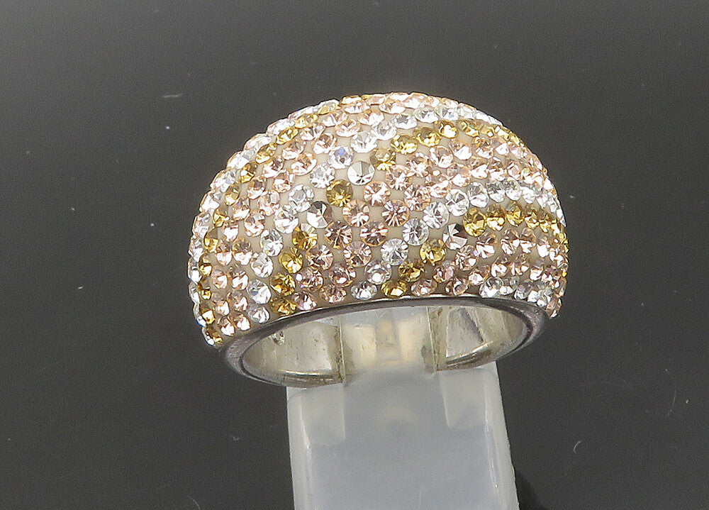 JACMEL 925 Silver  Vintage Shiny Crystal Striped Dome Band Ring Sz 8  RG21954