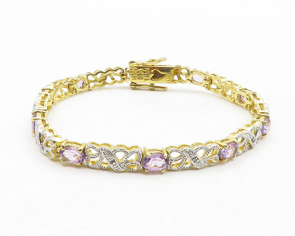 925 Sterling Silver Genuine Diamonds & Amethyst Two Tone Chain Bracelet  BT5120