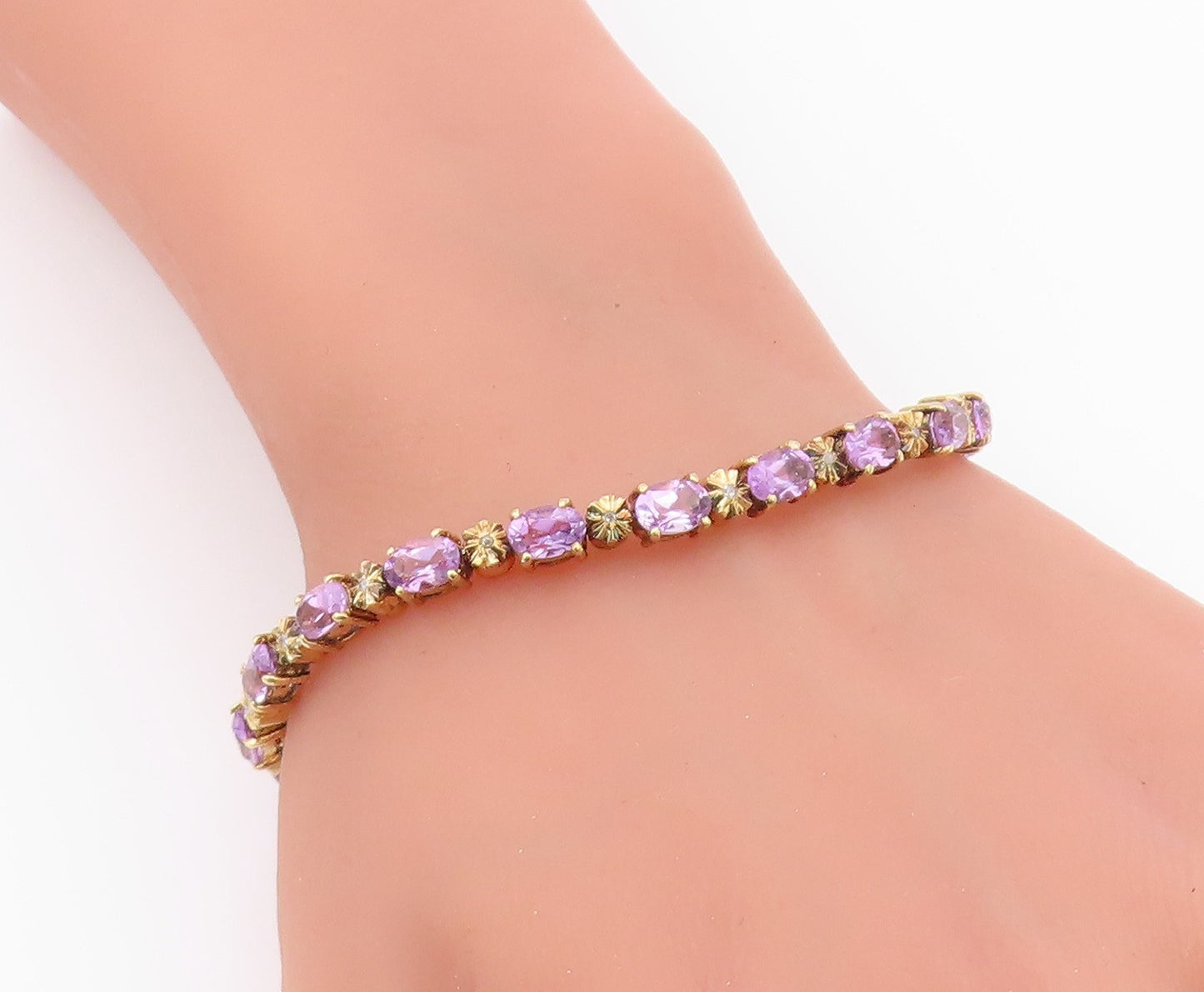 925 Sterling Silver  Vintage Genuine Diamond & Amethyst Chain Bracelet  BT8395