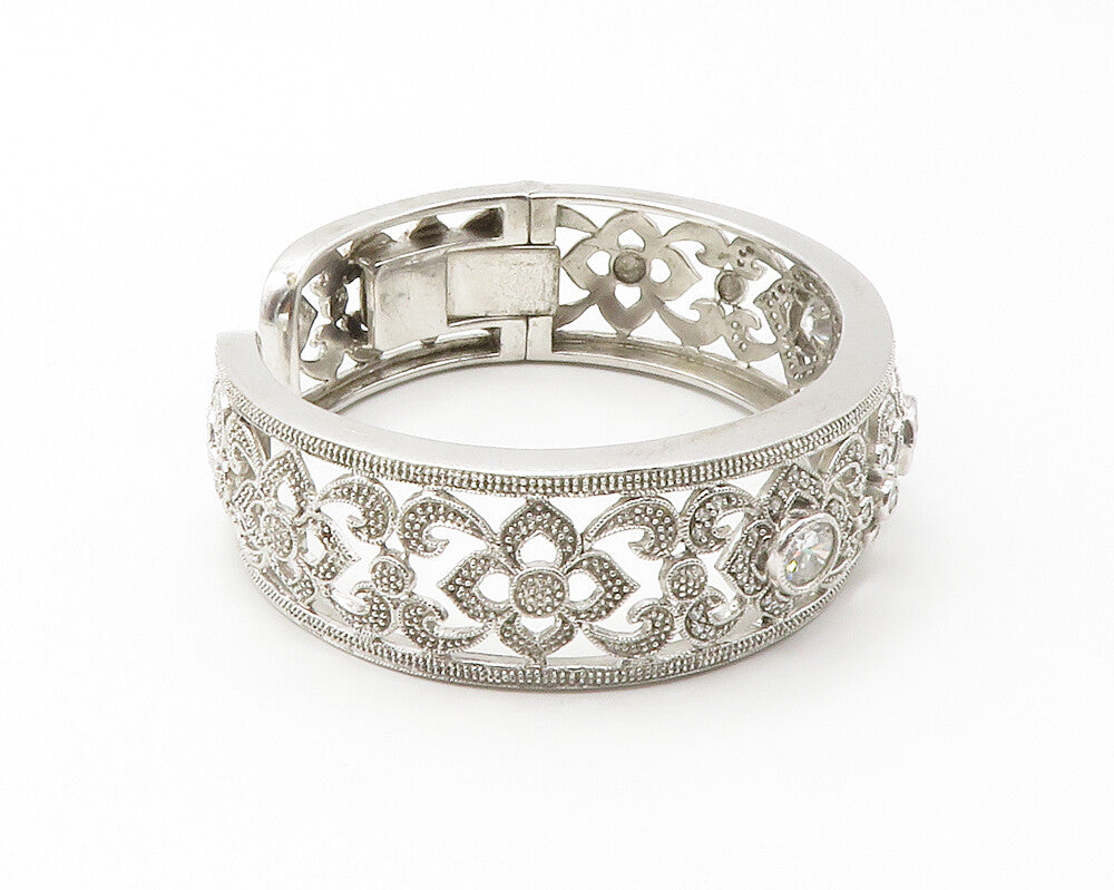 925 Sterling Silver  Shiny Cubic Zirconia Open Floral Cuff Bracelet  BT5743