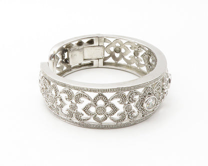 925 Sterling Silver  Shiny Cubic Zirconia Open Floral Cuff Bracelet  BT5743
