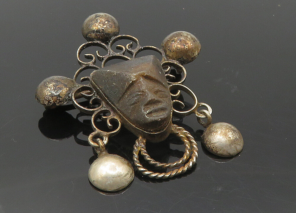 MEXICO 925 Silver  Vintage Antique Face Carved Brown Stone Brooch Pin  BP3617