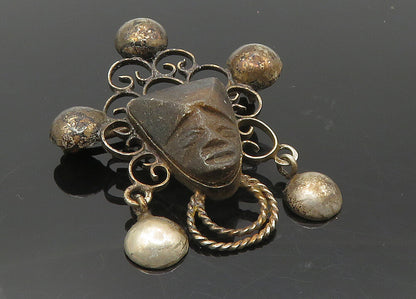 MEXICO 925 Silver  Vintage Antique Face Carved Brown Stone Brooch Pin  BP3617