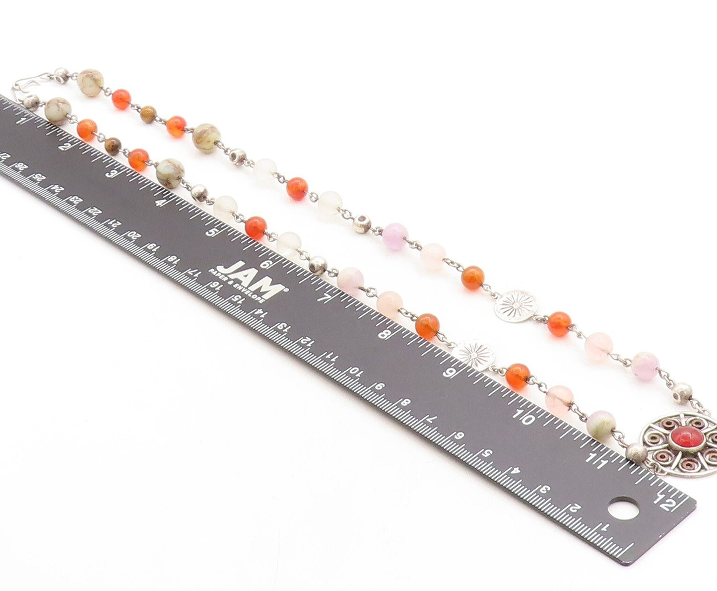 STRANGER 925 Silver  Vintage Carnelian Quartz & Agate Beaded Necklace  NE1383