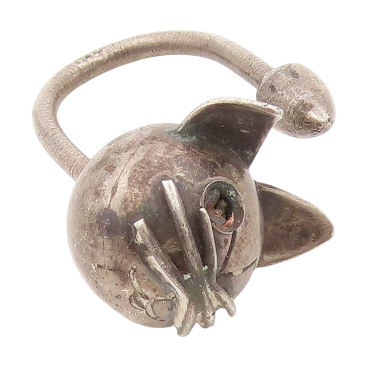 925 Sterling Silver Vintage Keychain Carved Figural Feline Kitten Charm  TR4132