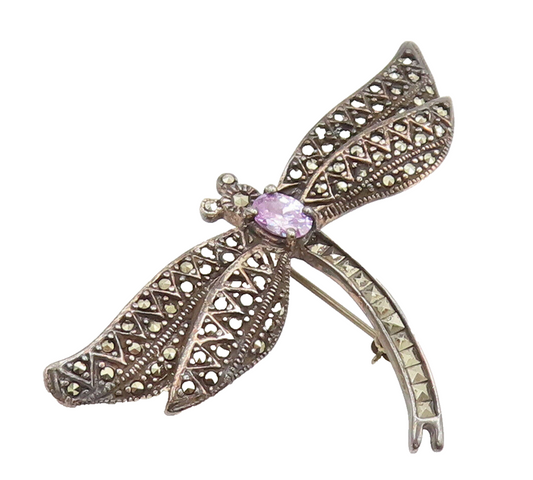 925 Sterling Silver Vintage Brooch Pin Marcasite & Amethyst Butterfly  BP10632