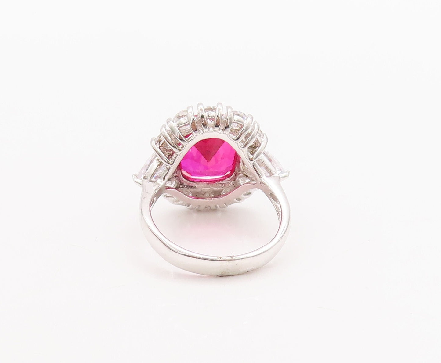 925 Sterling Silver Vintage Ring Rectangle Pink & White CZ Flower Sz 7  RG29605