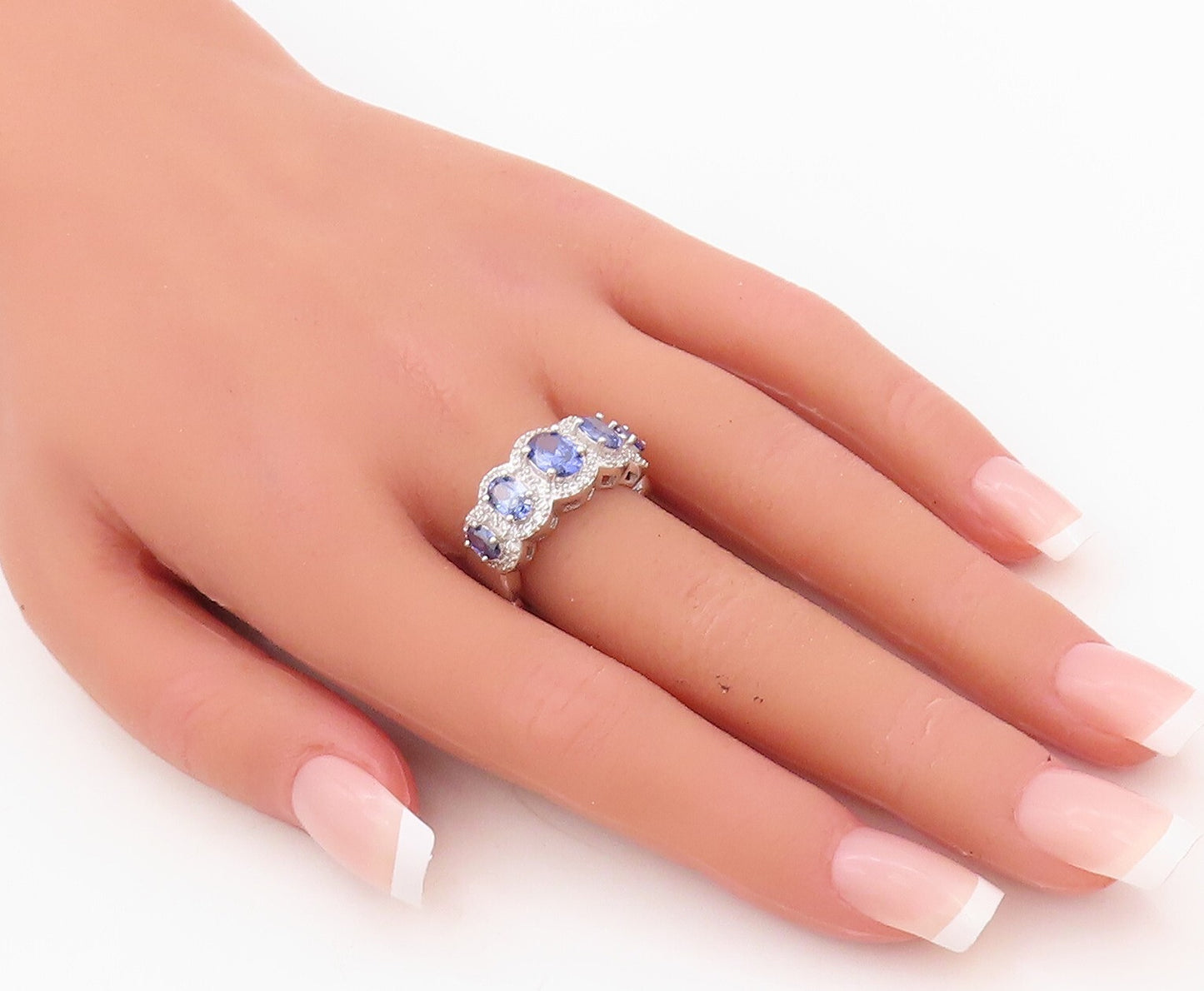 925 Sterling Silver Vintage Ring Oval Cut Sapphire Halo CZ Band  Sz 7  RG30140