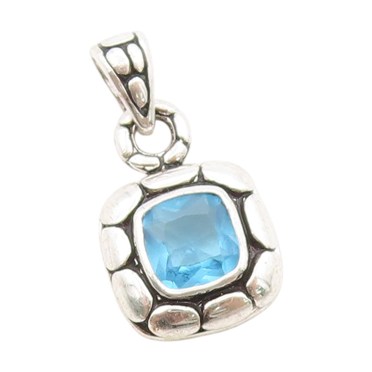 925 Sterling Silver Vintage Pendant Blue Topaz Pebbled Geometric Charm  PT25042