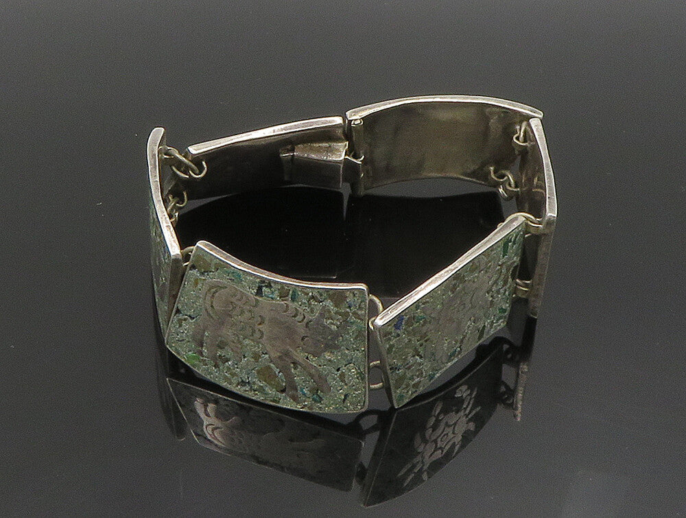 MEXICO 925 Silver  Vintage Etched Animal Green Turquoise Link Bracelet  BT9396