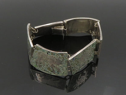 MEXICO 925 Silver  Vintage Etched Animal Green Turquoise Link Bracelet  BT9396