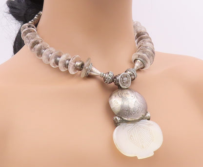 Vintage Silver Necklace Etched Goddess Glass & Bead Heavy Viking  NE3890