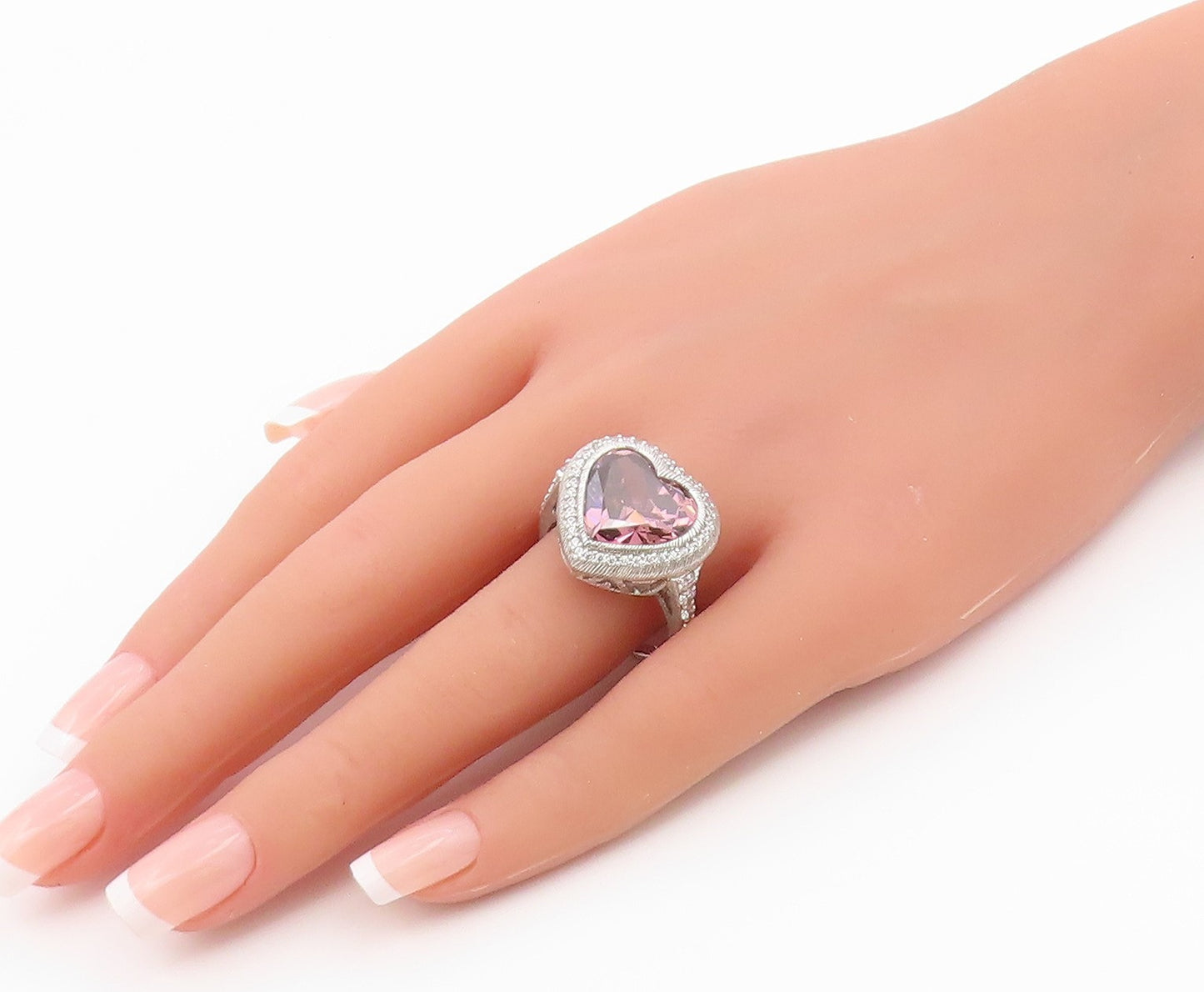 925 Sterling Silver Vintage Ring JUDITH RIPKA Pink CZ Love Heart  Sz 11  RG36588