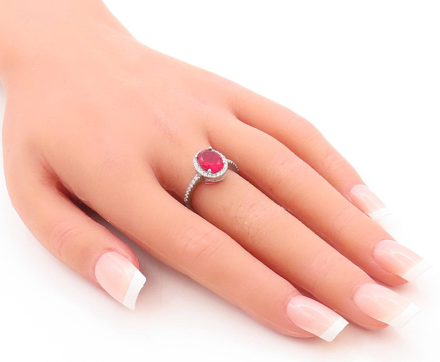 925 Sterling Silver Vintage Ring Oval Cut Red Halo White CZ  Sz 6  RG29759