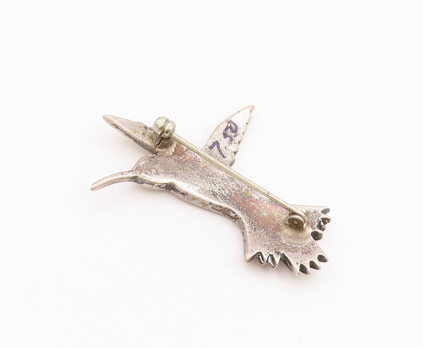 925 Sterling Silver Vintage Brooch Etched Larimar Eyed Humming Bird  BP11725