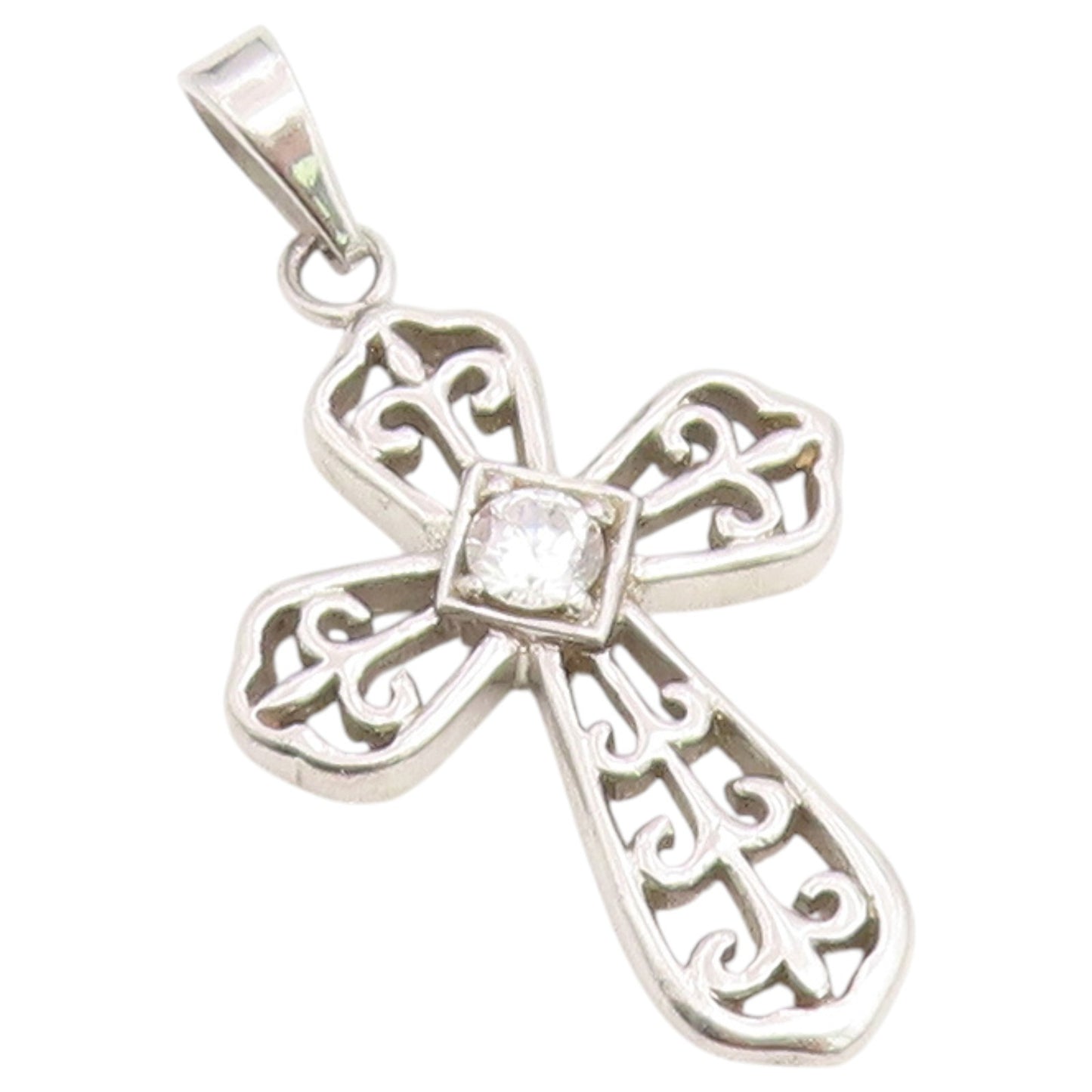 925 Sterling Silver Vintage Pendant Round Cut CZ Religious Cross Charm  PT26528