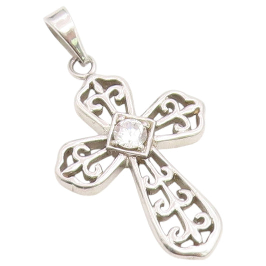 925 Sterling Silver Vintage Pendant Round Cut CZ Religious Cross Charm  PT26528