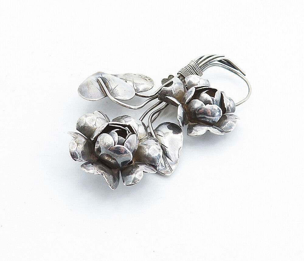 925 Sterling Silver  Vintage Sculpted Wire Wrapped Flowers Brooch Pin  BP2065