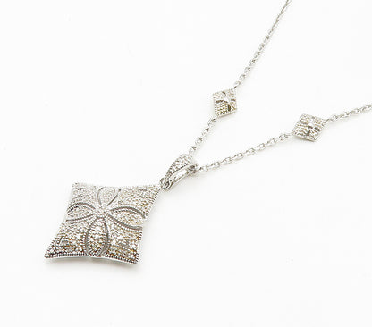 925 Sterling Silver  Shiny Genuine Diamonds Floral Chain Necklace  NE2674
