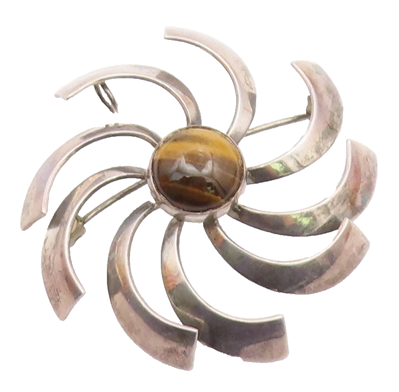 ISRAEL 925 Sterling Silver Vintage Tiger's Eye Spiral Fidget Brooch Pin BP9520