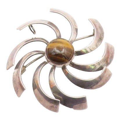 ISRAEL 925 Sterling Silver Vintage Tiger's Eye Spiral Fidget Brooch Pin BP9520