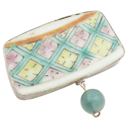 925 Sterling Silver Vintage Brooch Pin Antique Jade Porcelain Lattice  BP12651